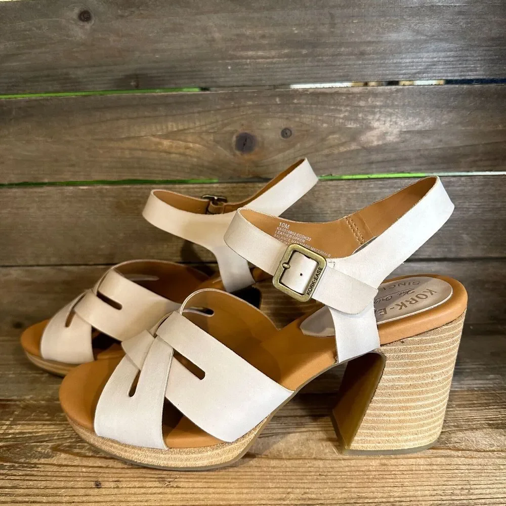 New NIB Womens Kork-Ease Hutton Beige Leather Heeled Strappy Sandals‎ Size 10 M